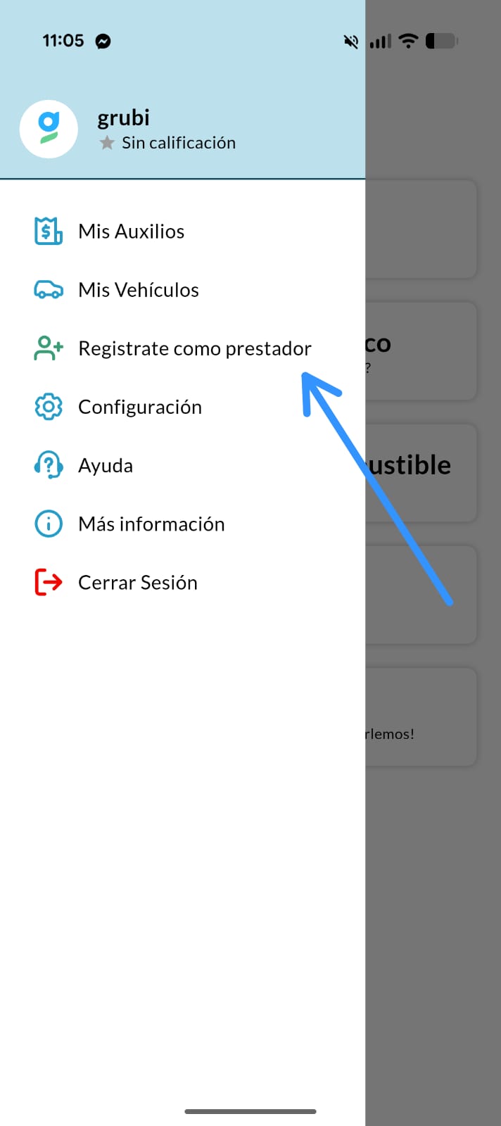 Paso 2 - Abrí el menú y tocá "Registrate como prestador"